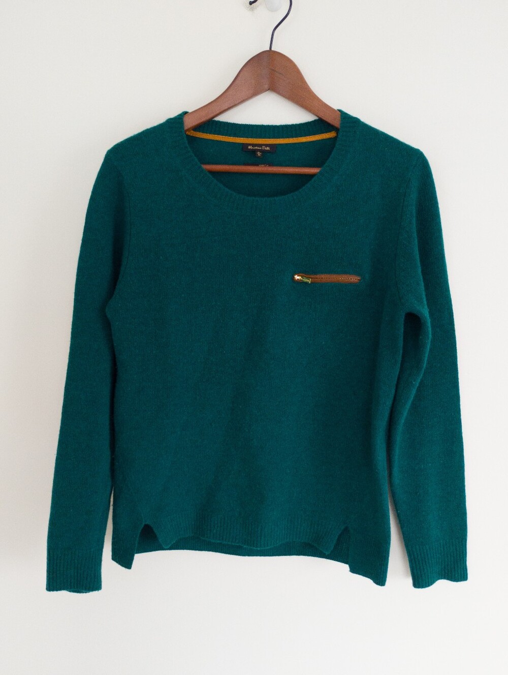 Massimo Dutti 100% Wool Crewneck Sweater Leather Trim Zip Chest Pocket Large